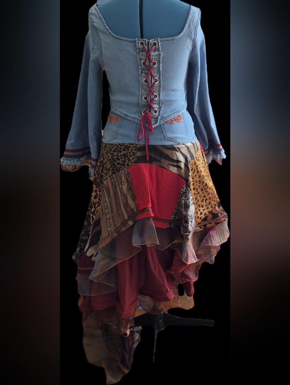 Upcycled Patchwork Asymmetrical Skirt, DenimTop & Cutch in Red and Animal Prints - Picture 4 of 16